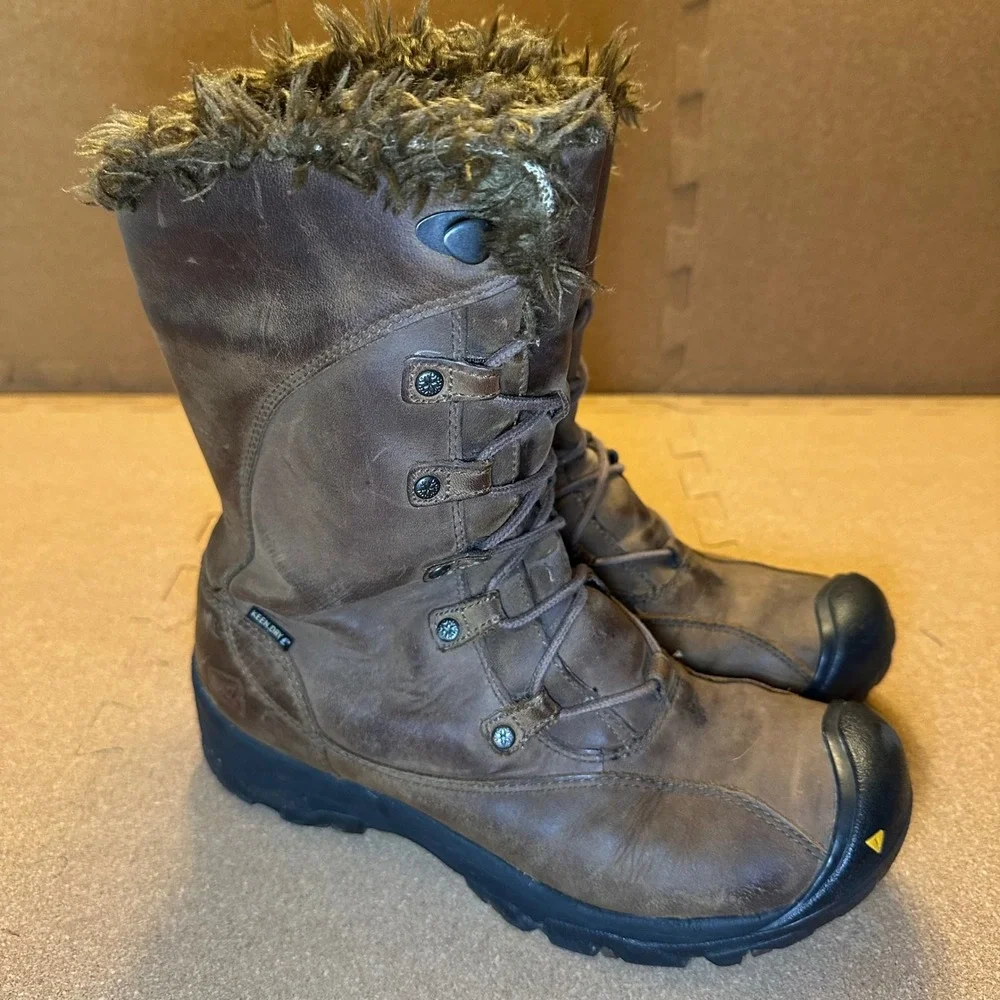 KEEN Bern Baby Bern Winter Boots Women 9 Brown Faux Fur Waterproof Leather Lace